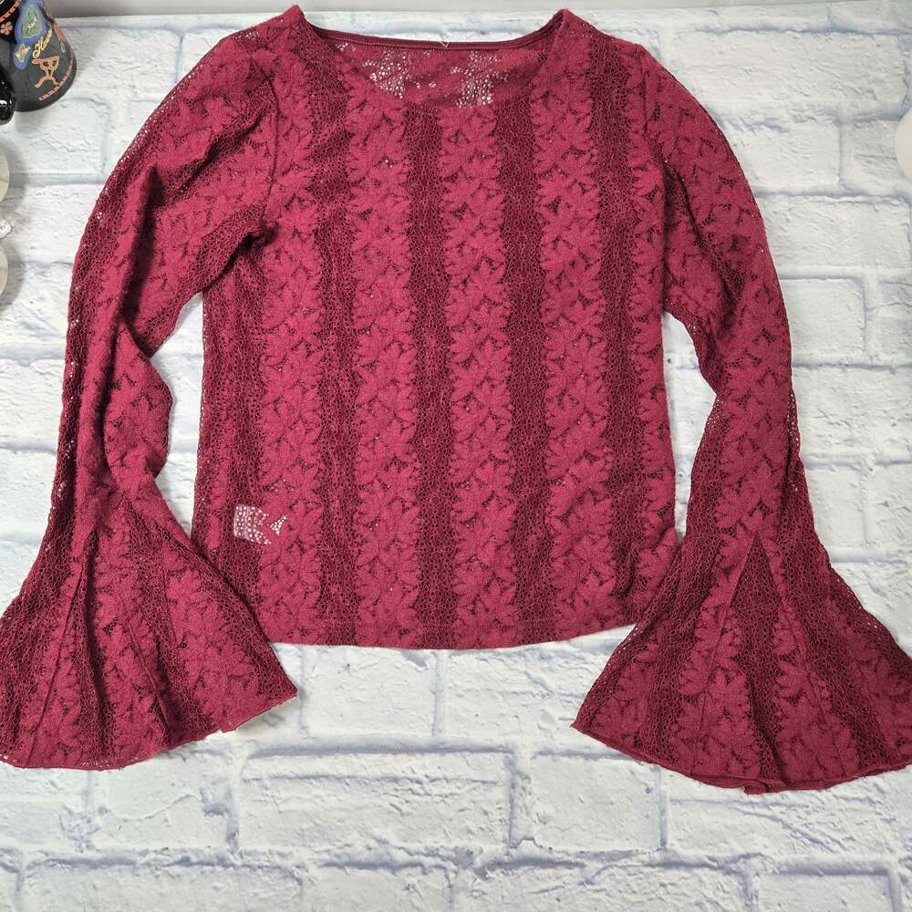 Loft Witchy Burgundy Semi Sheer Floral Lace Godet Sleeve Top Whimsygoth sz Small